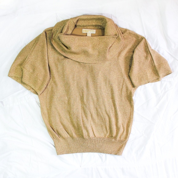 Michael Kors Gold Cowl Neck Short Sleeve Sweater M - Picture 2 of 6